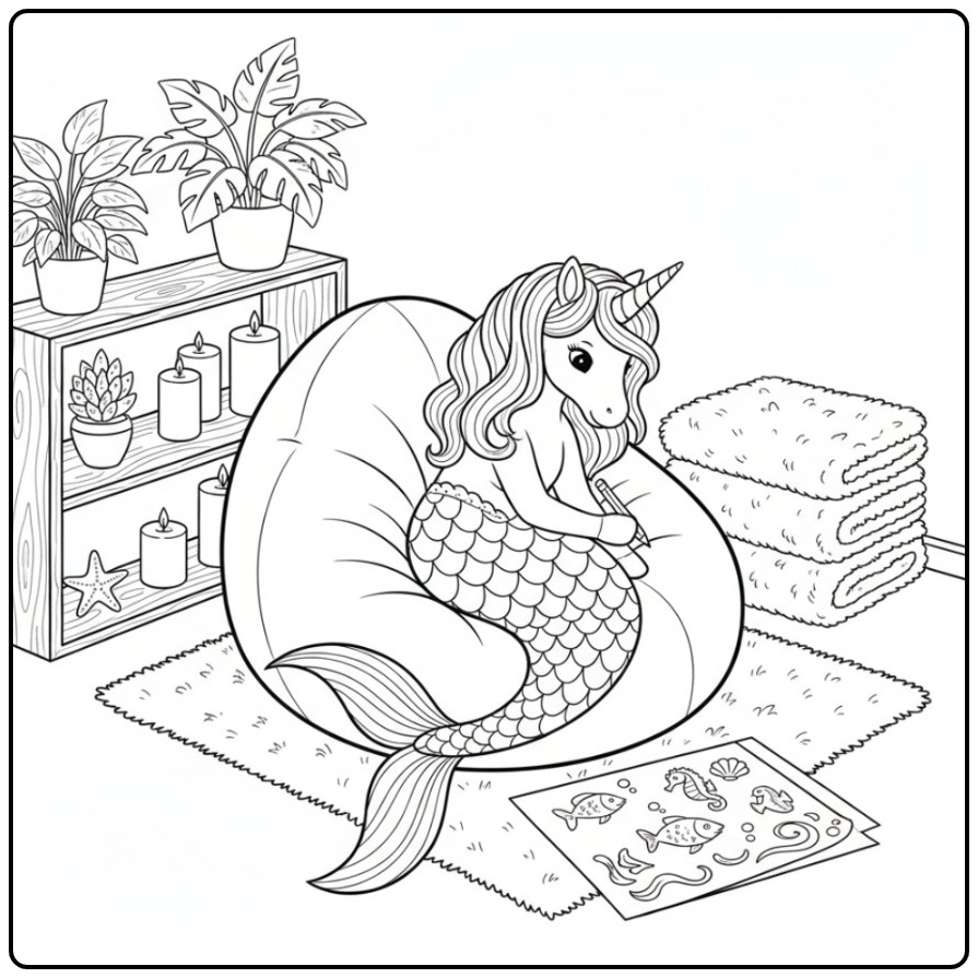 Cozy Room with Unicorn Mermaid Drawing coloring page