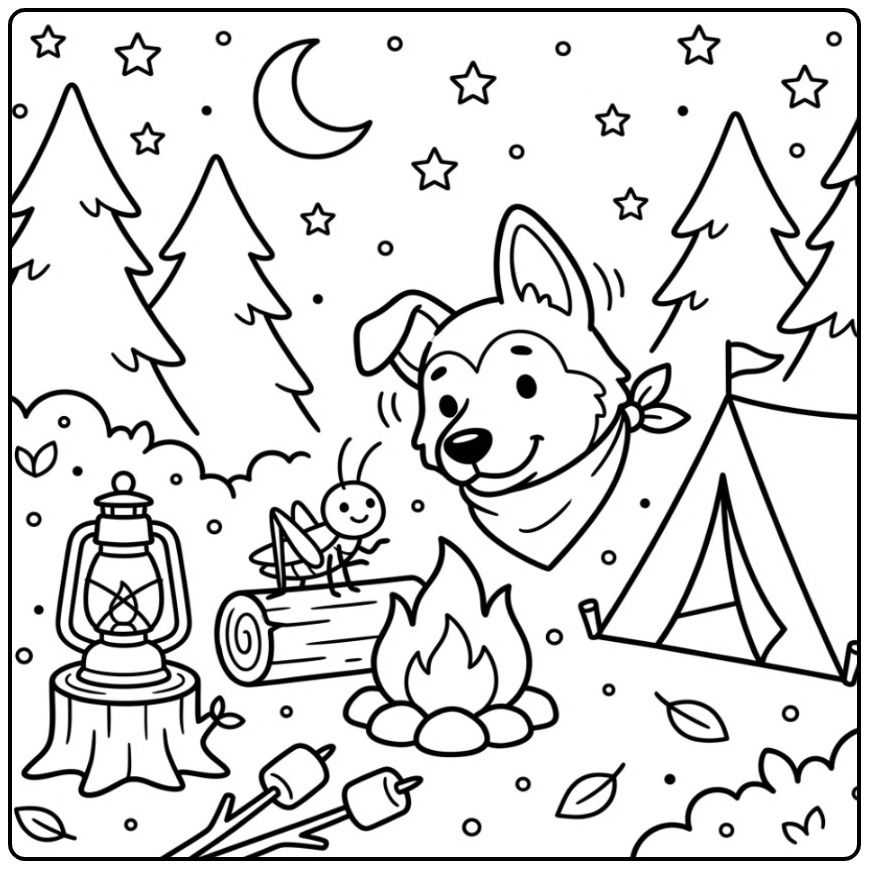 German Shepherd Dog Head by a Campfire coloring page