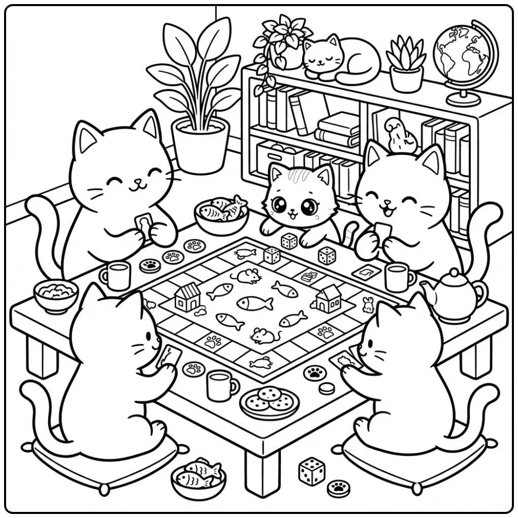 Cozy Cats Playing a Board Game coloring page