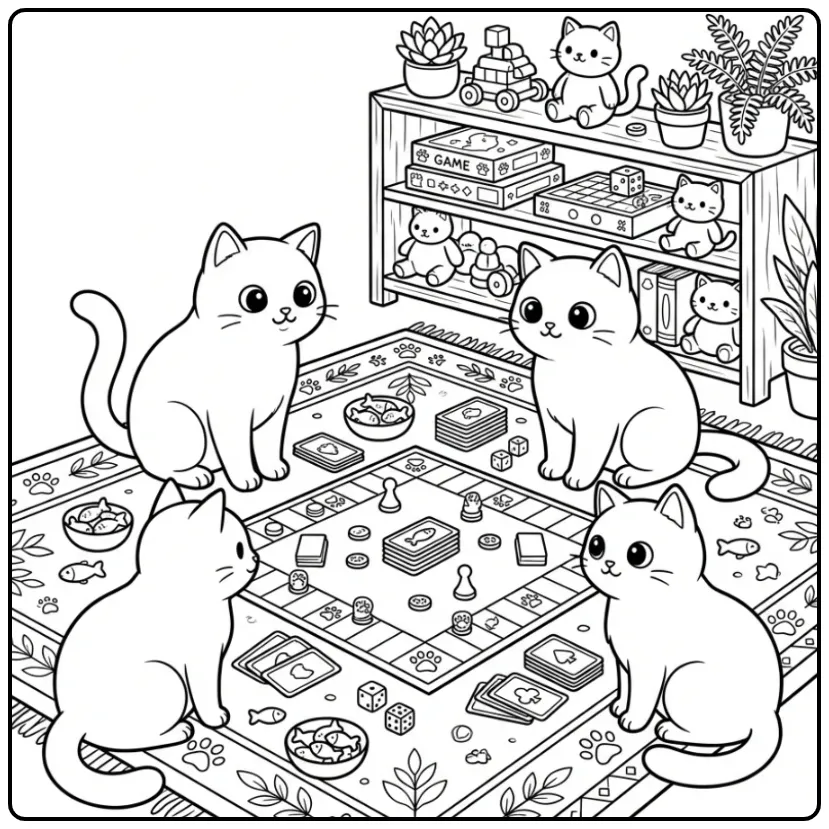 Cozy Cats Game Night with Friends coloring page