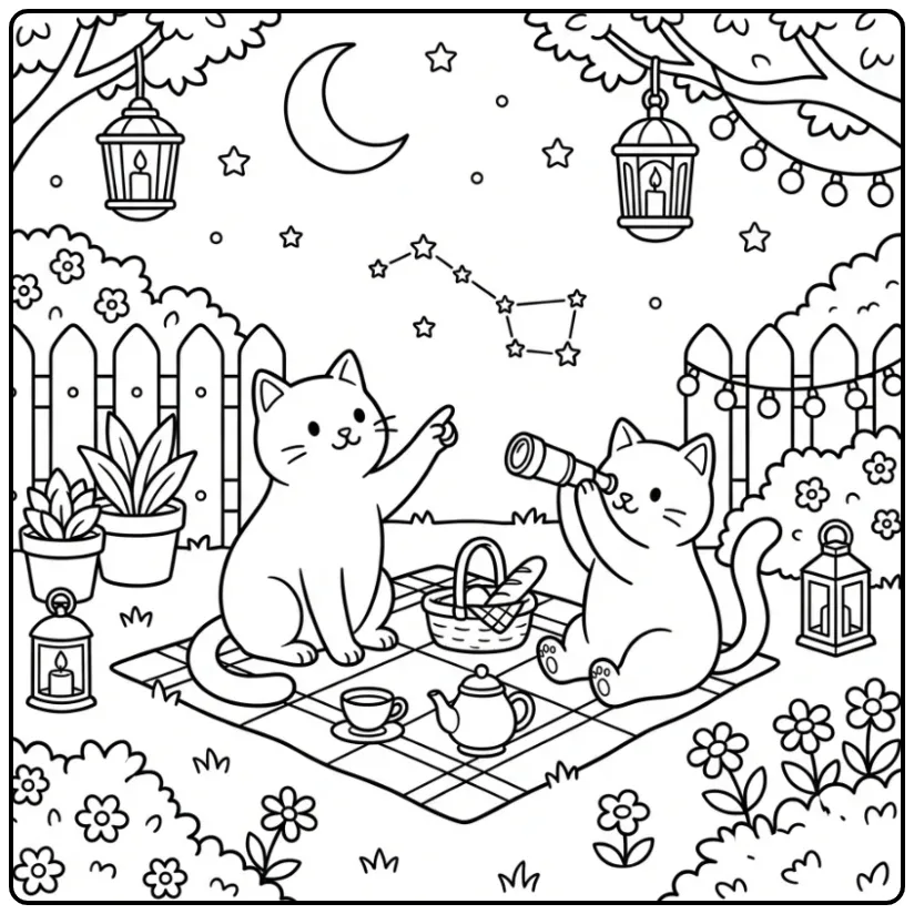 Adult cats coloring page looking at the stars