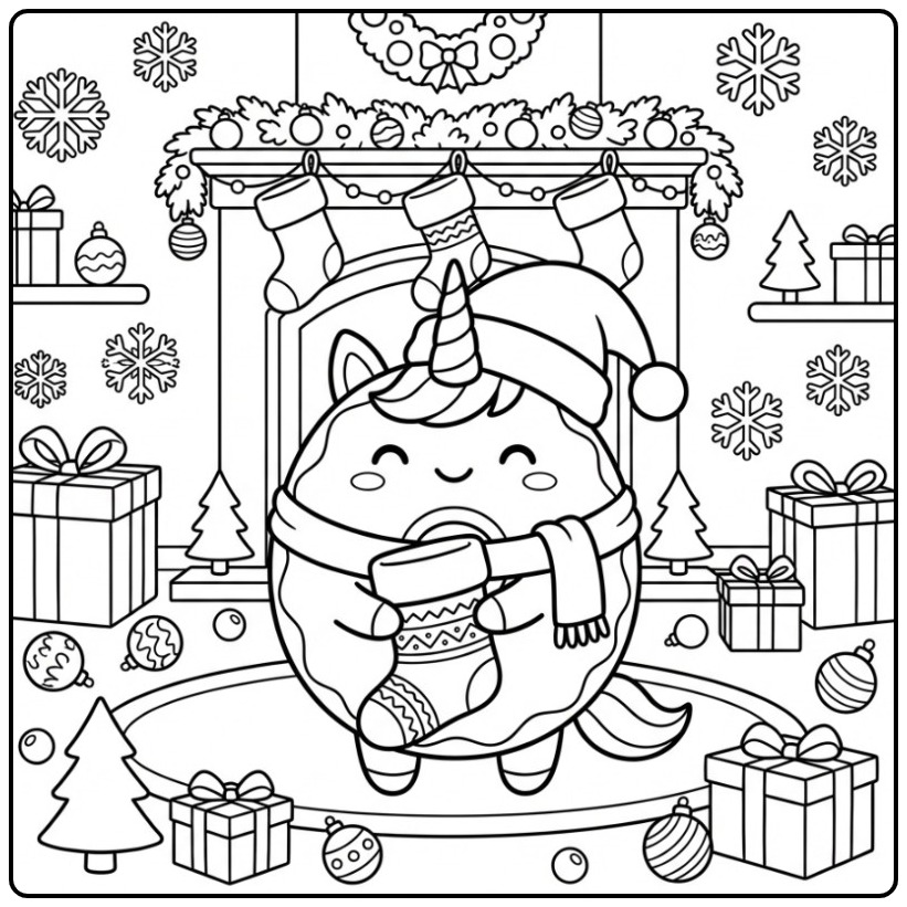 Cozy Christmas Donut Unicorn the Open Fireplace coloring page