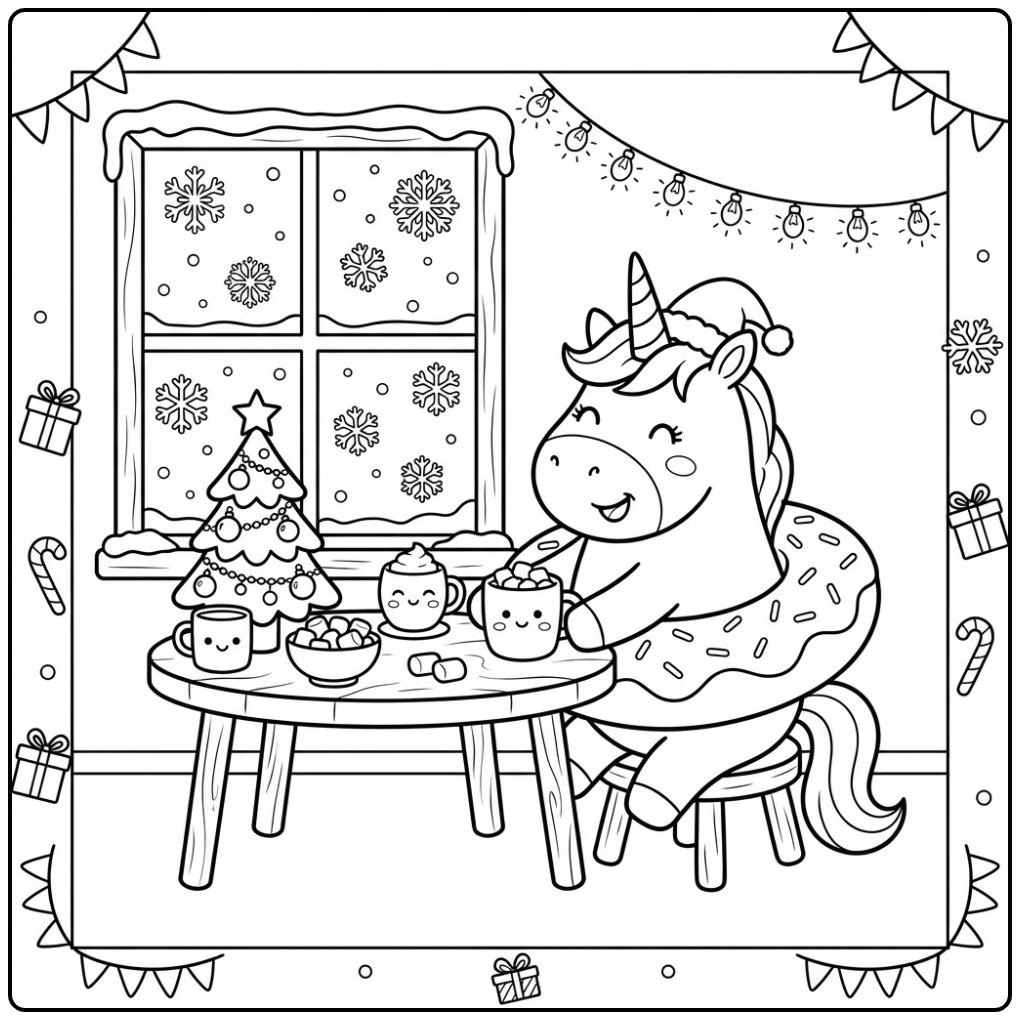 Cozy Christmas Donut Unicorn for the Holidays coloring page