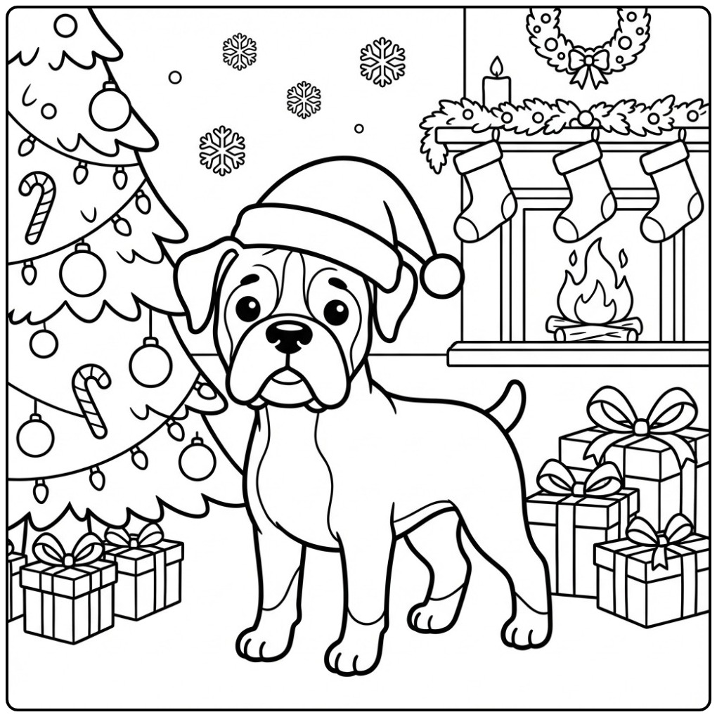Cozy Christmas Boxer Dog with the Open Fireplace coloring page