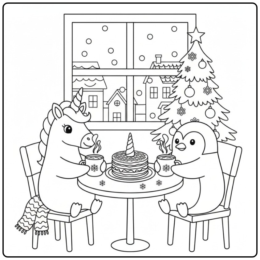 Cozy Christmas Unicorn Cake for Children coloring page