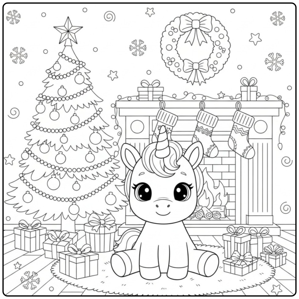 Cozy Baby Unicorn Christmas with the Open Fireplace coloring page