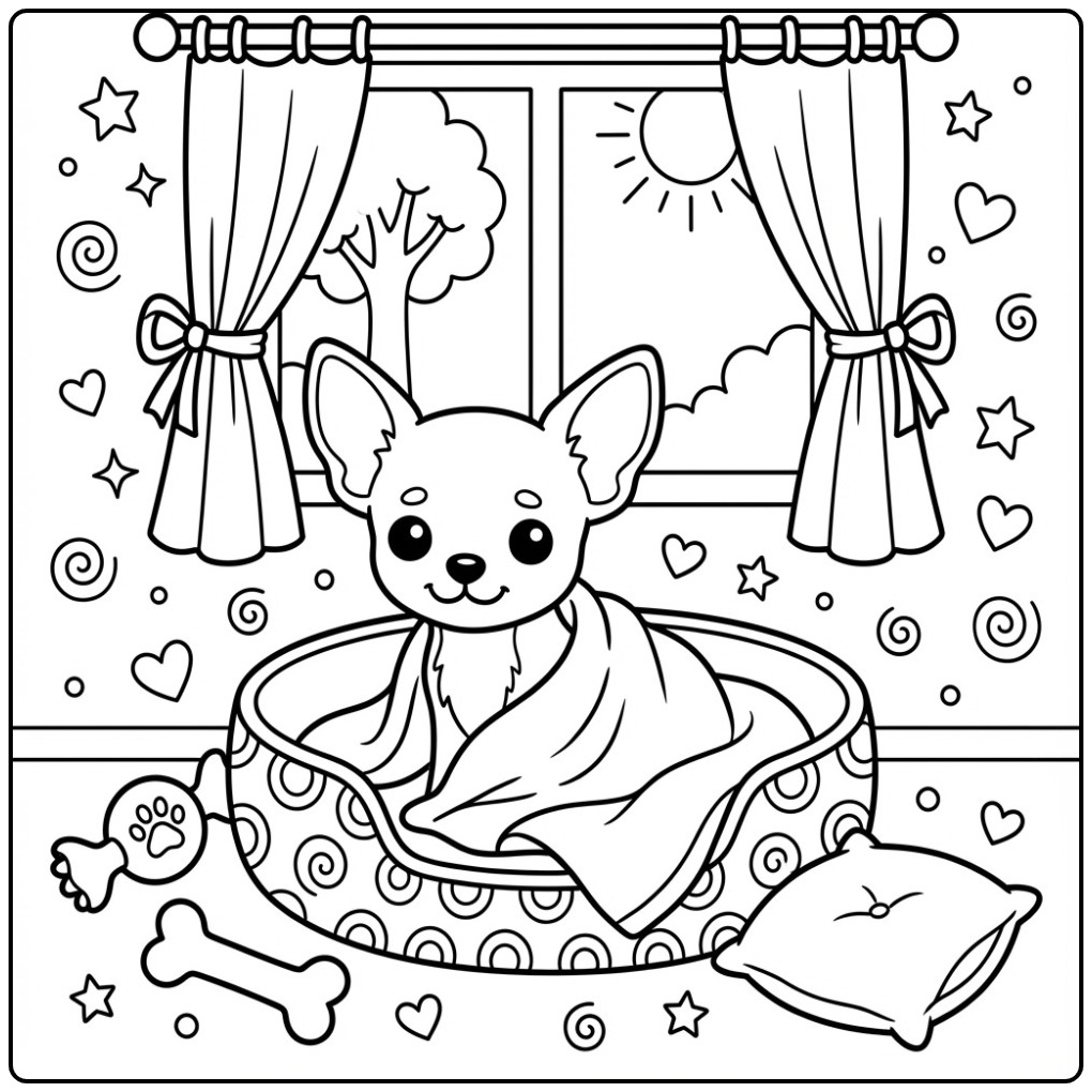 Cozy Chihuahua with Toy and a Pillow coloring page