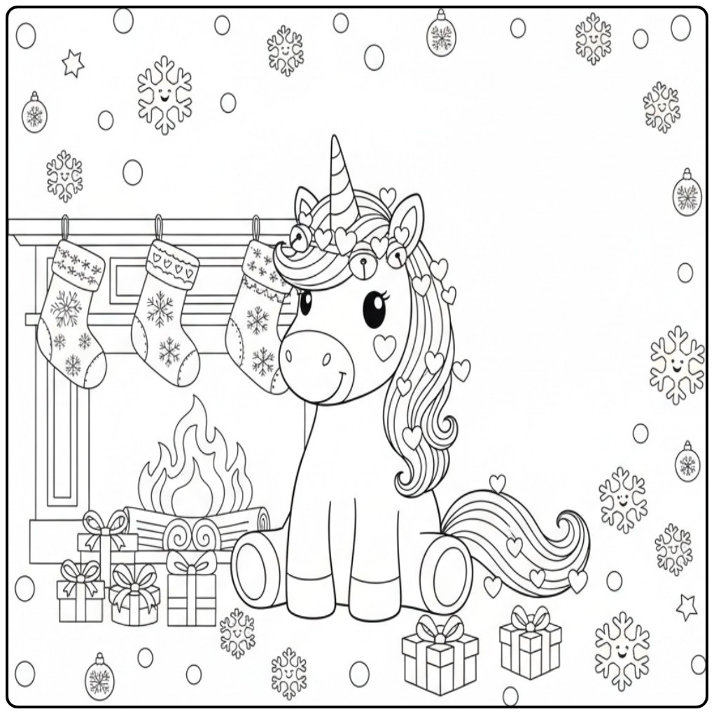 Cozy Unicorn with Hearts for Christmas and Gifts coloring page