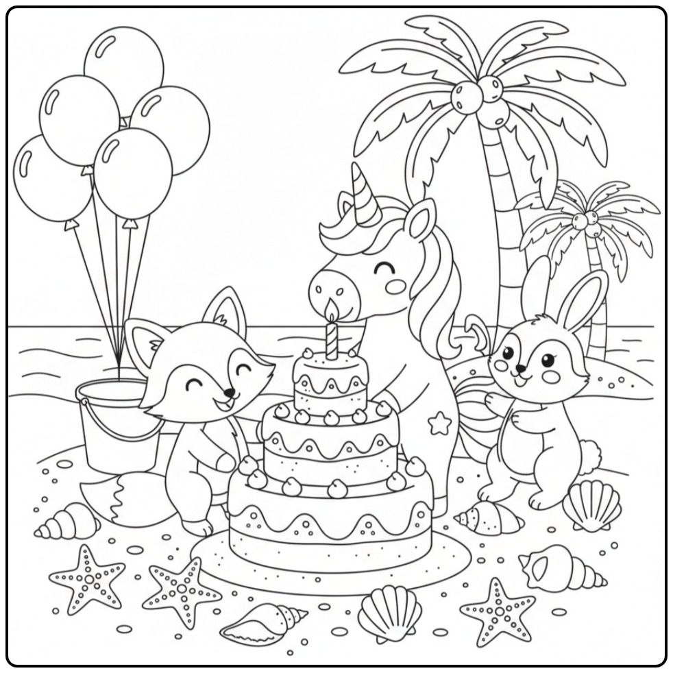 Cozy Unicorn Birthday Party with Friends coloring page