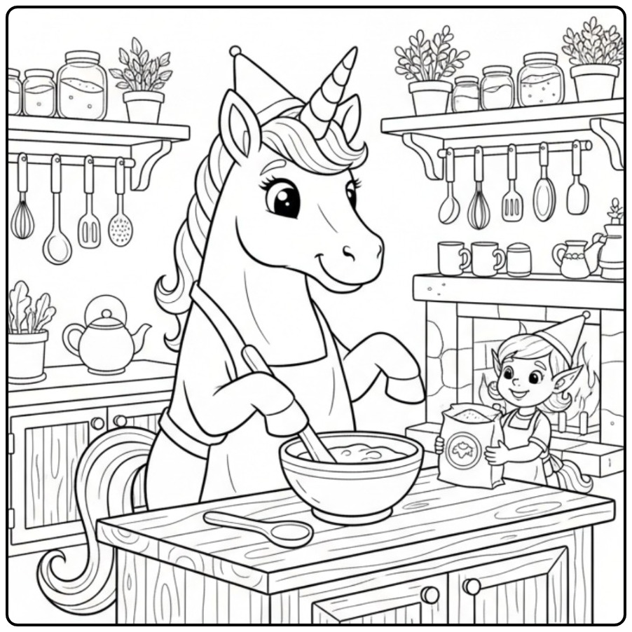 Cozy Fairy and Unicorn in the Kitchen coloring page
