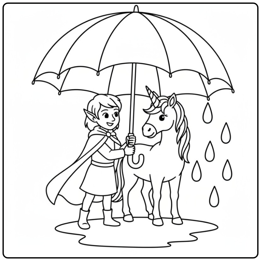 Cozy Fairy and Unicorn in the Rain coloring page