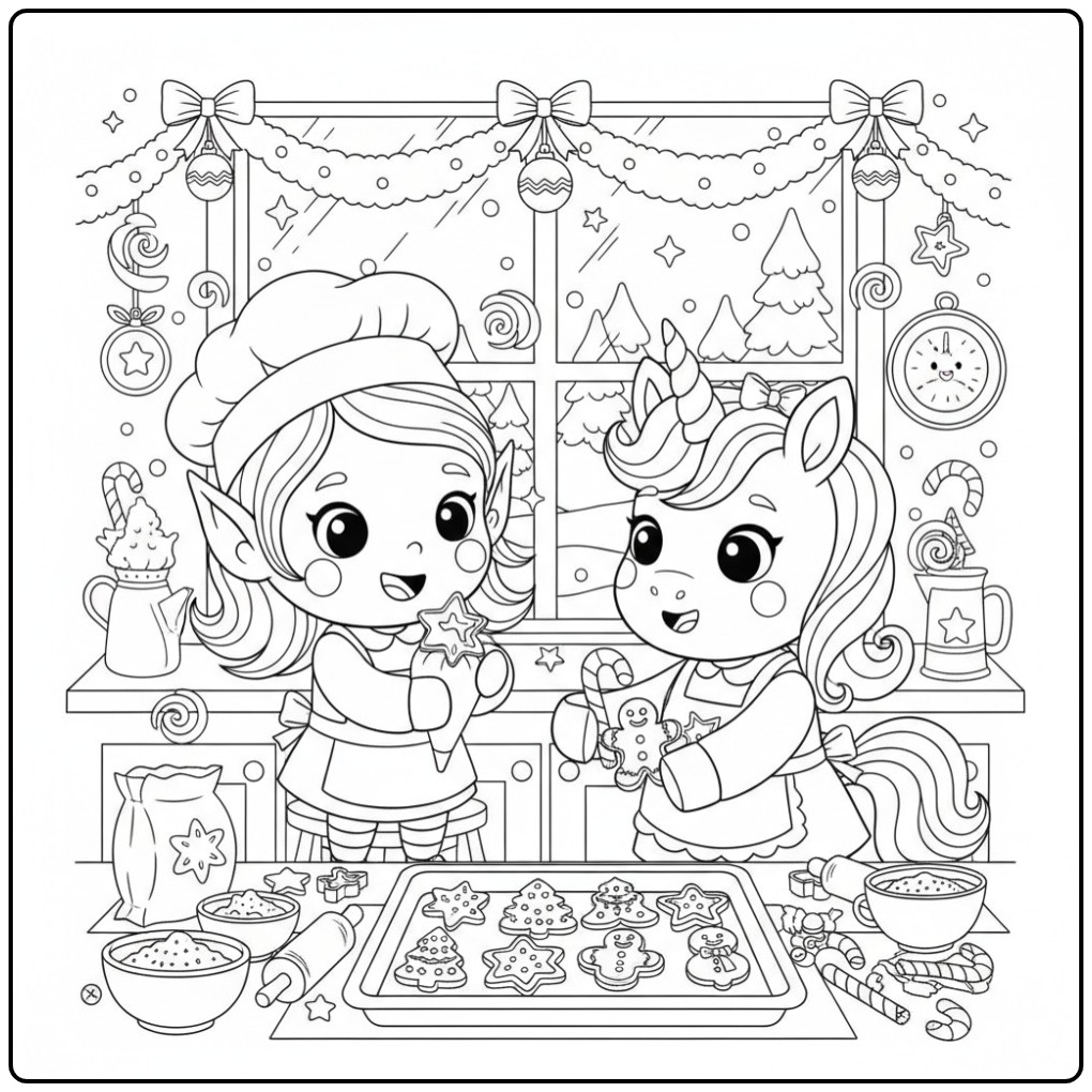 Cozy Fairy and Unicorn Christmas in the Kitchen coloring page