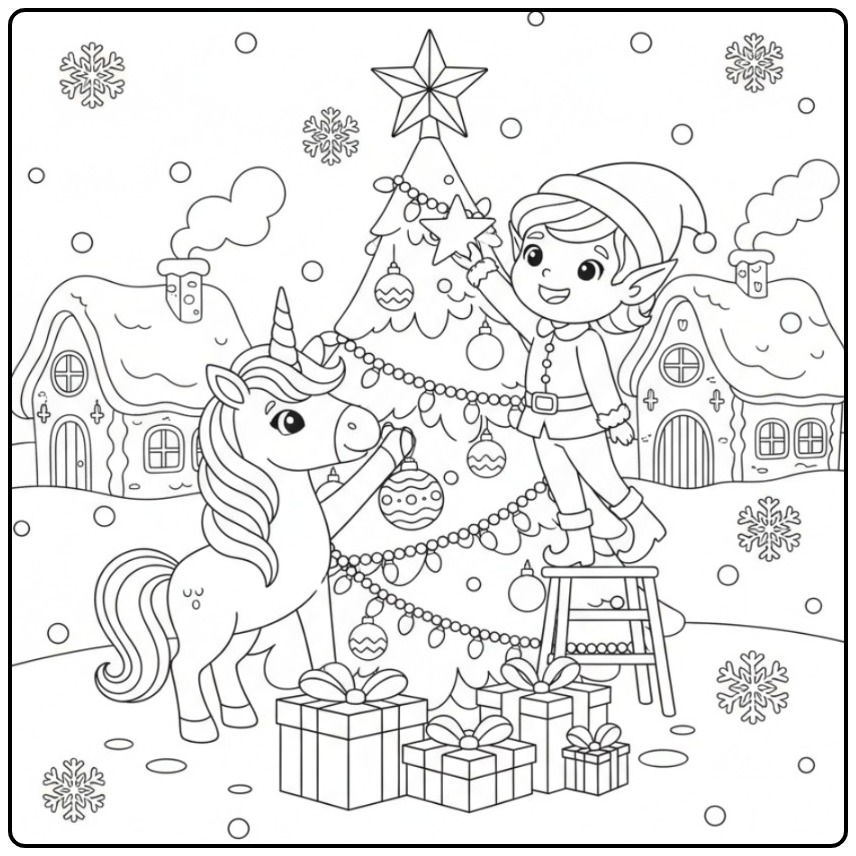 Cozy Fairy and Unicorn Christmas Decorating Tree coloring page