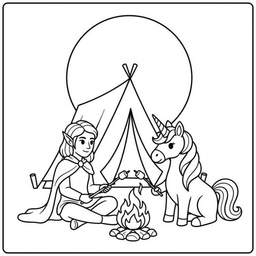 Cozy Fairy and Unicorn with a Tent coloring page