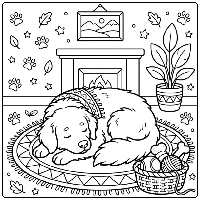 Frisian Stabyhoun coloring page with scarf and toy basket
