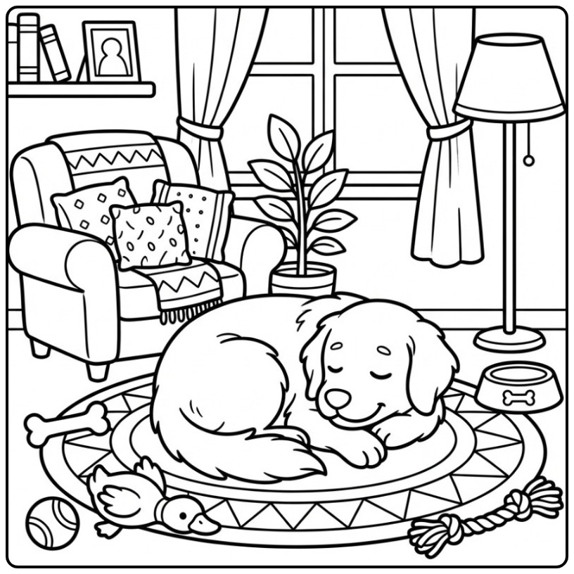 Cozy Golden Retriever in the Living Room coloring page