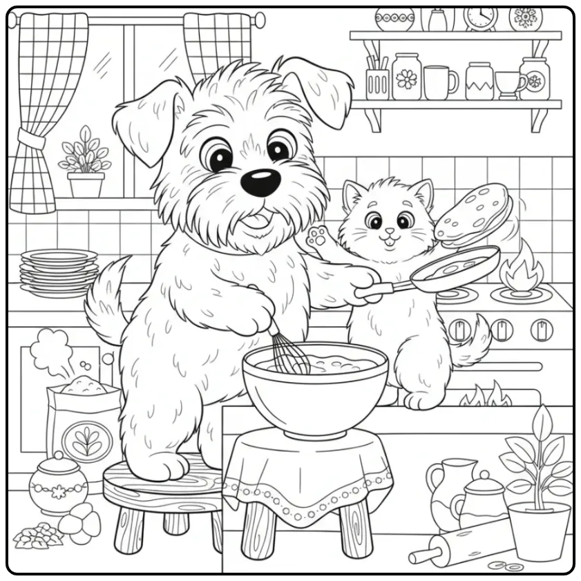 Smoushond and Kitten Making Pancakes coloring page