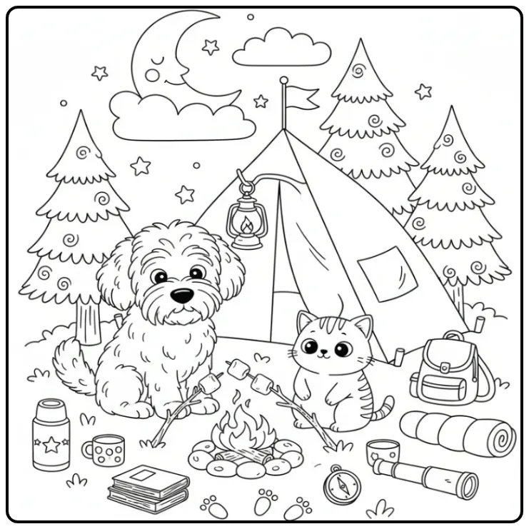 Schapendoes and Kitten Roasting Marshmallows coloring page