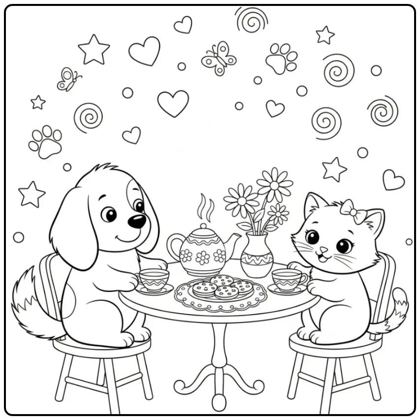 Drentsche Patrijshond and Kitten Having a Tea Party coloring page