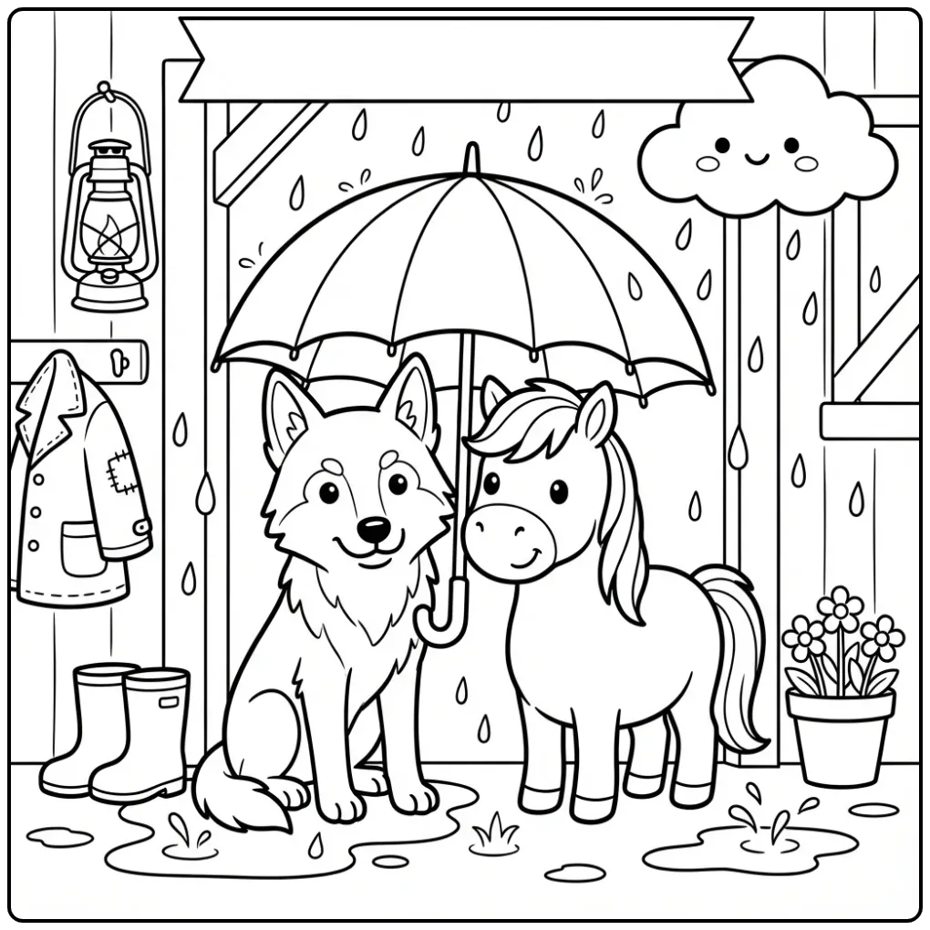Wolfdog and Pony Sharing an Umbrella on a Rainy Day coloring page