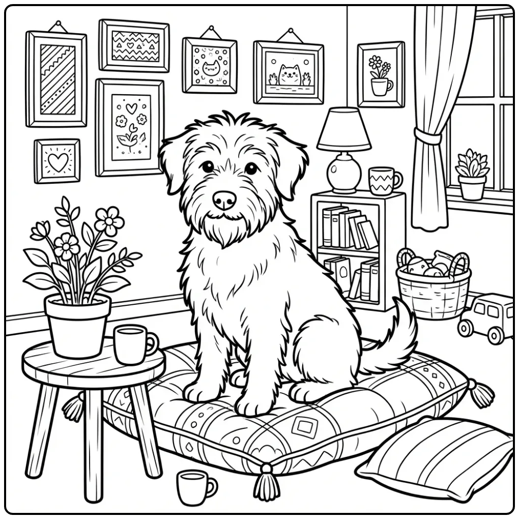 Cozy Dutch Smoushond in the House coloring page