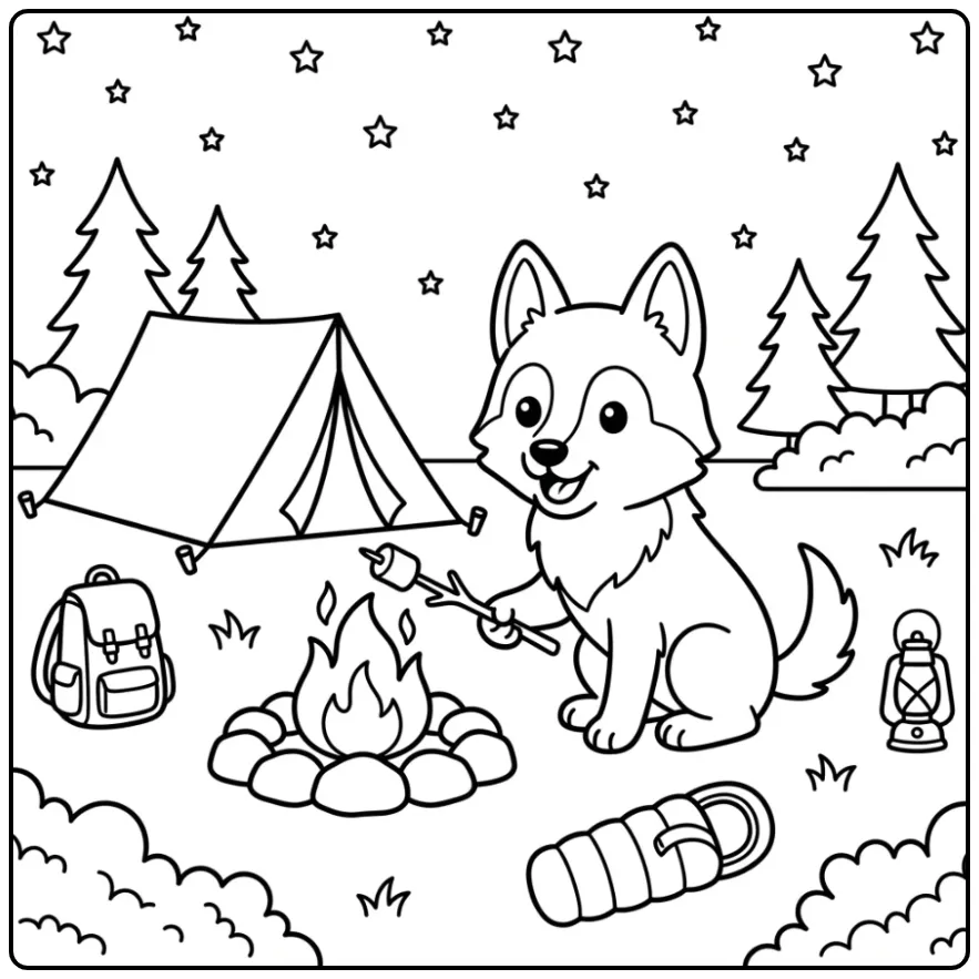 Saarloos Wolfdog by a Campfire coloring page
