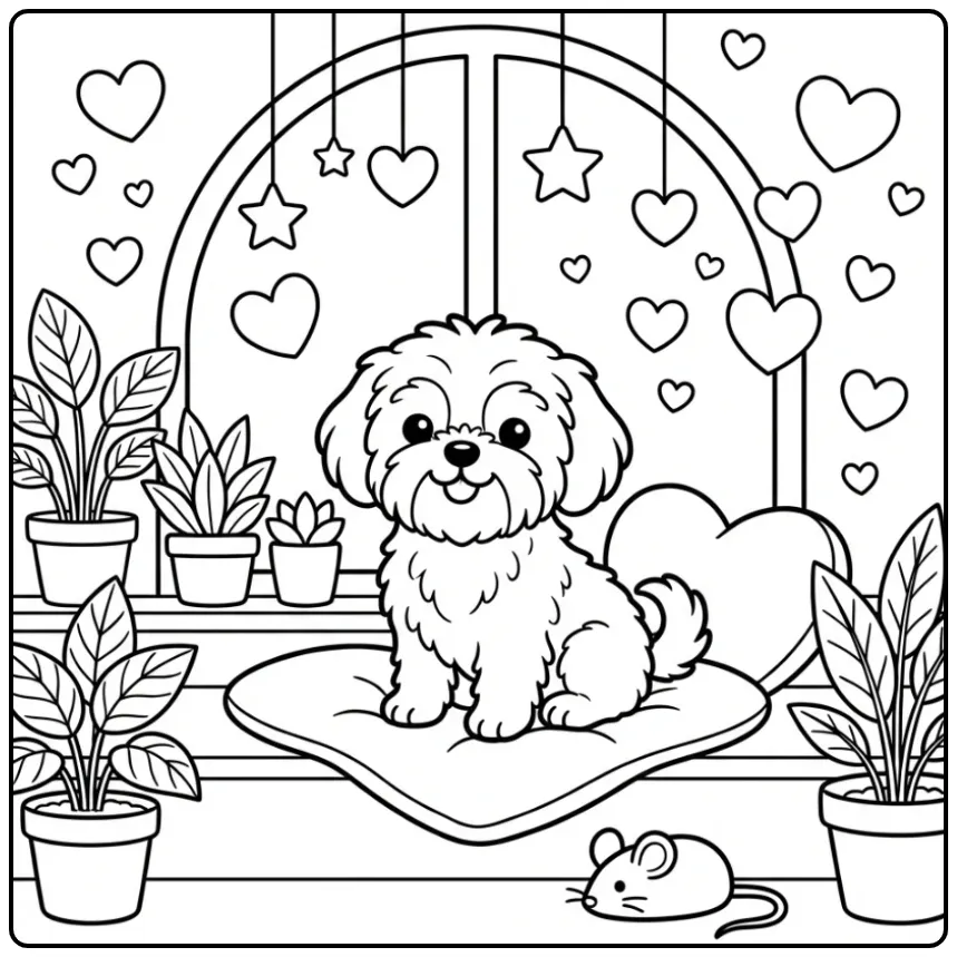 Shih Tzu on a Heart-Shaped Pillow by the Window coloring page