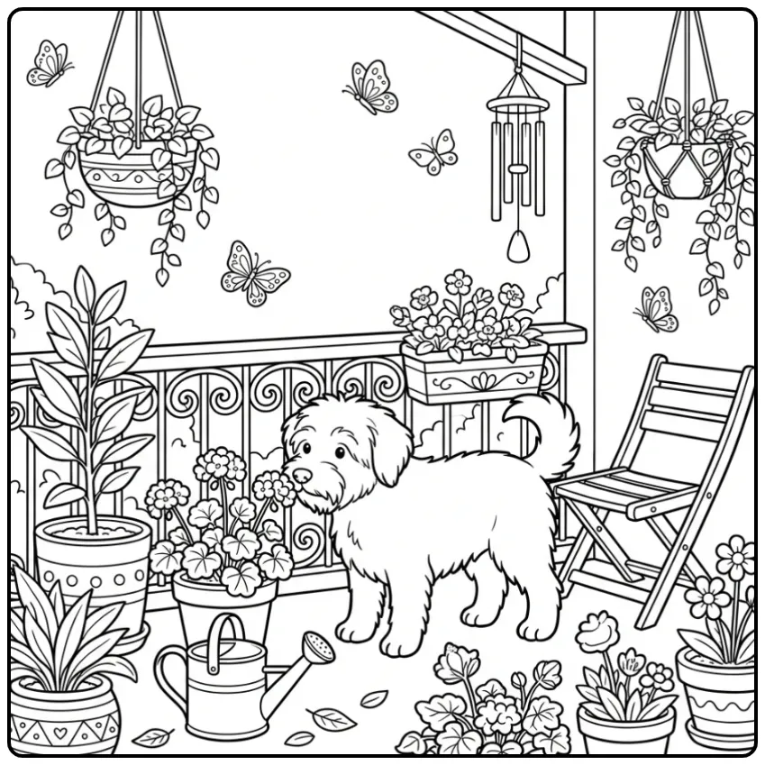 Smoushond on a Balcony at Sunset coloring page
