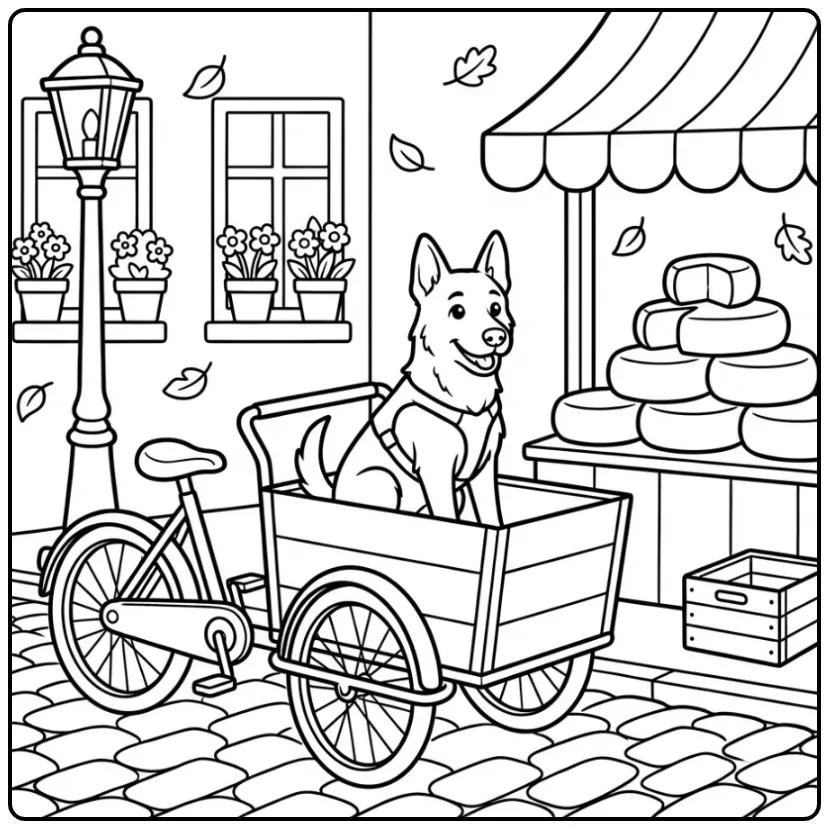 Dutch Shepherd Riding in a Cargo Bike coloring page