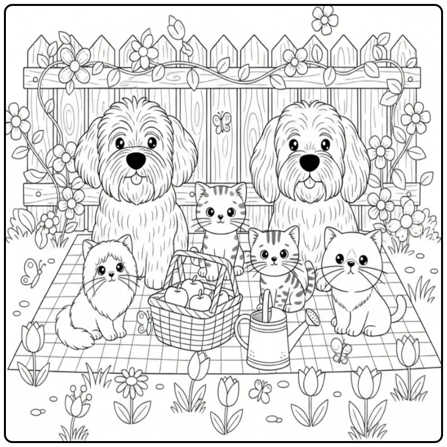 Dogs and Kittens Having a Garden Picnic coloring page