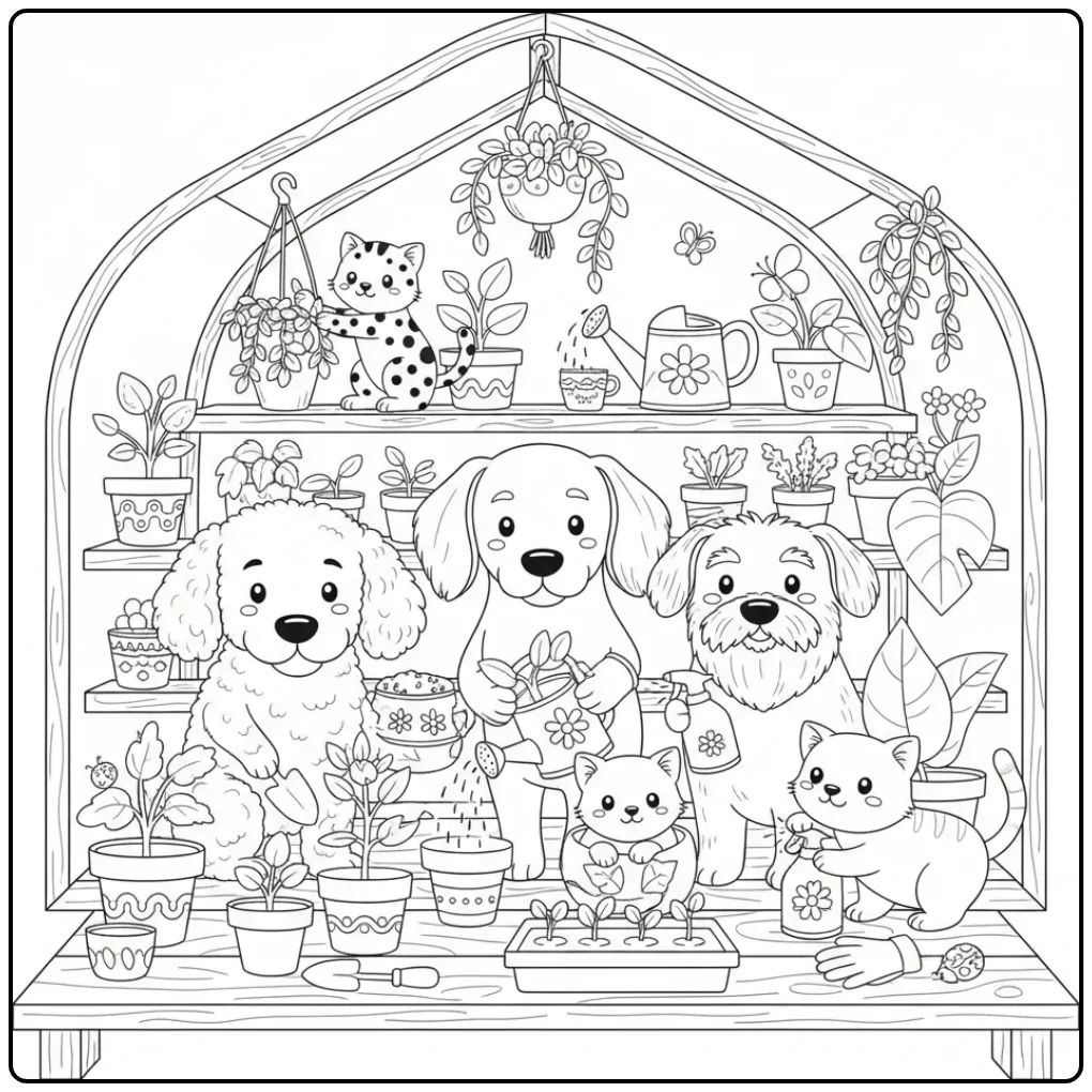 Dogs and Kittens Gardening in a Greenhouse coloring page