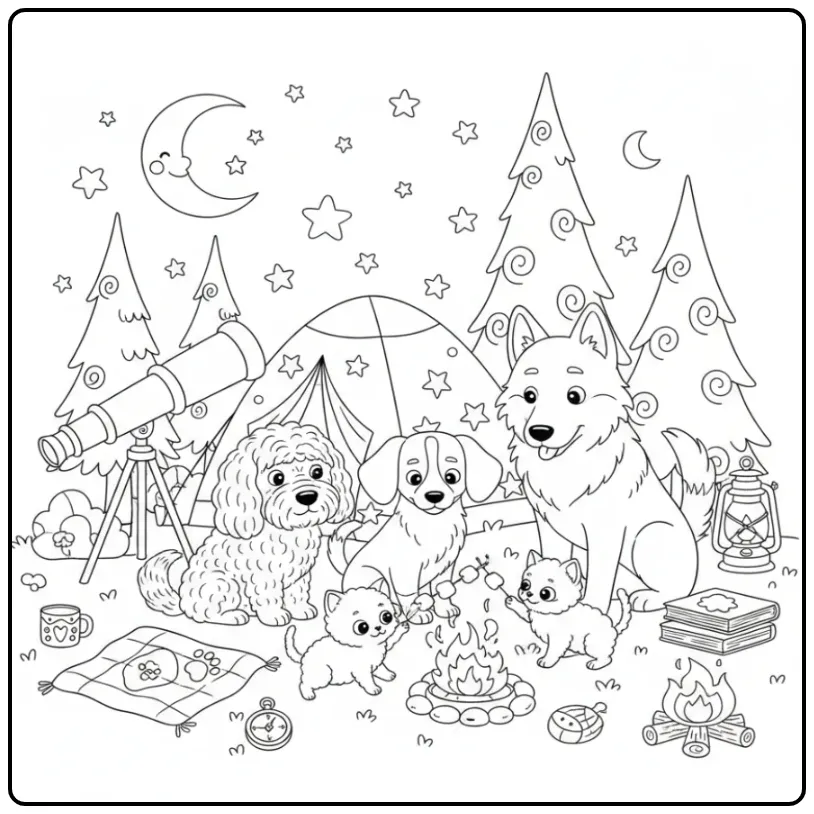 Dogs and Kittens Stargazing at a Campsite coloring page