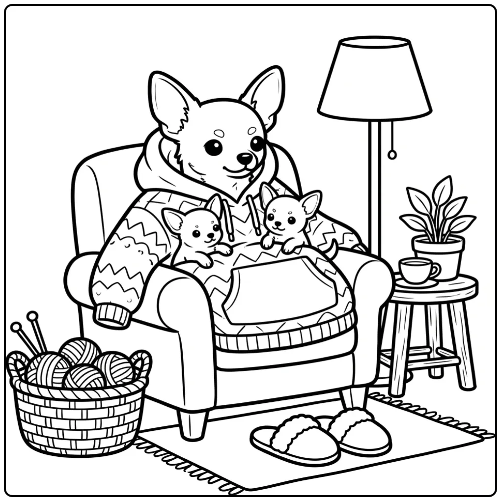 Chihuahua and Puppies in a Cozy Hoodie coloring page