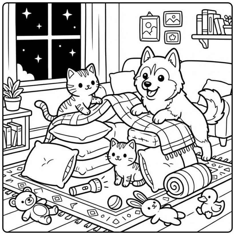 Husky and Cat Building a Pillow Fort coloring page