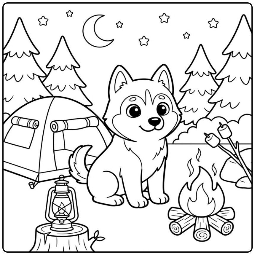 Husky Camping by a Tent and Campfire coloring page