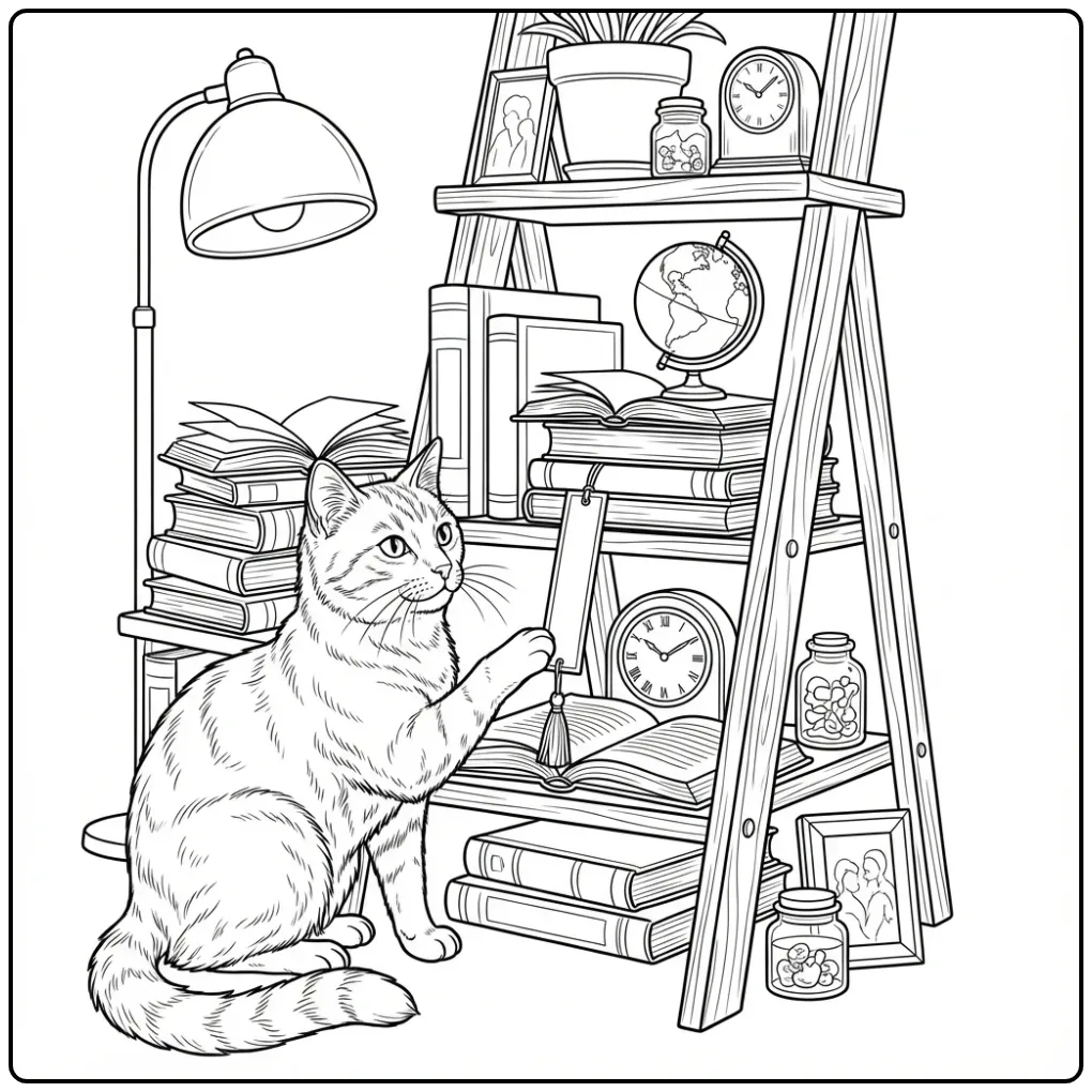 Cat coloring page playing with a bookmark