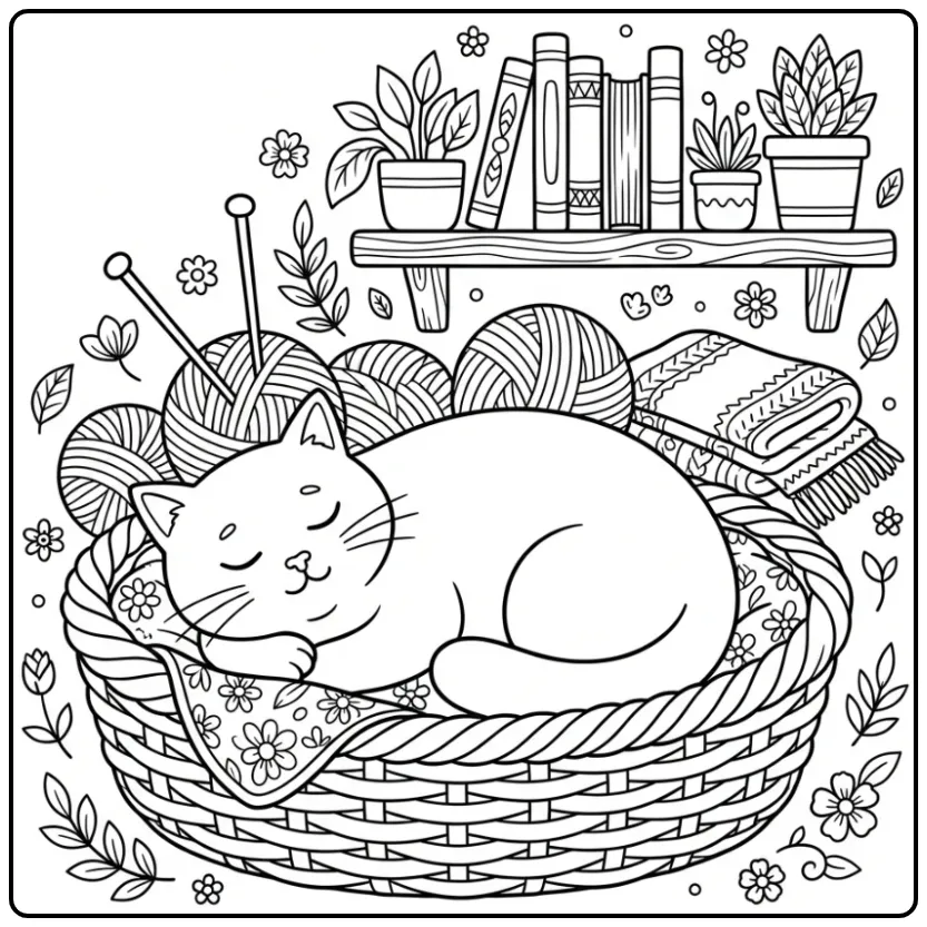 Cat coloring page sleeping in a basket with yarn