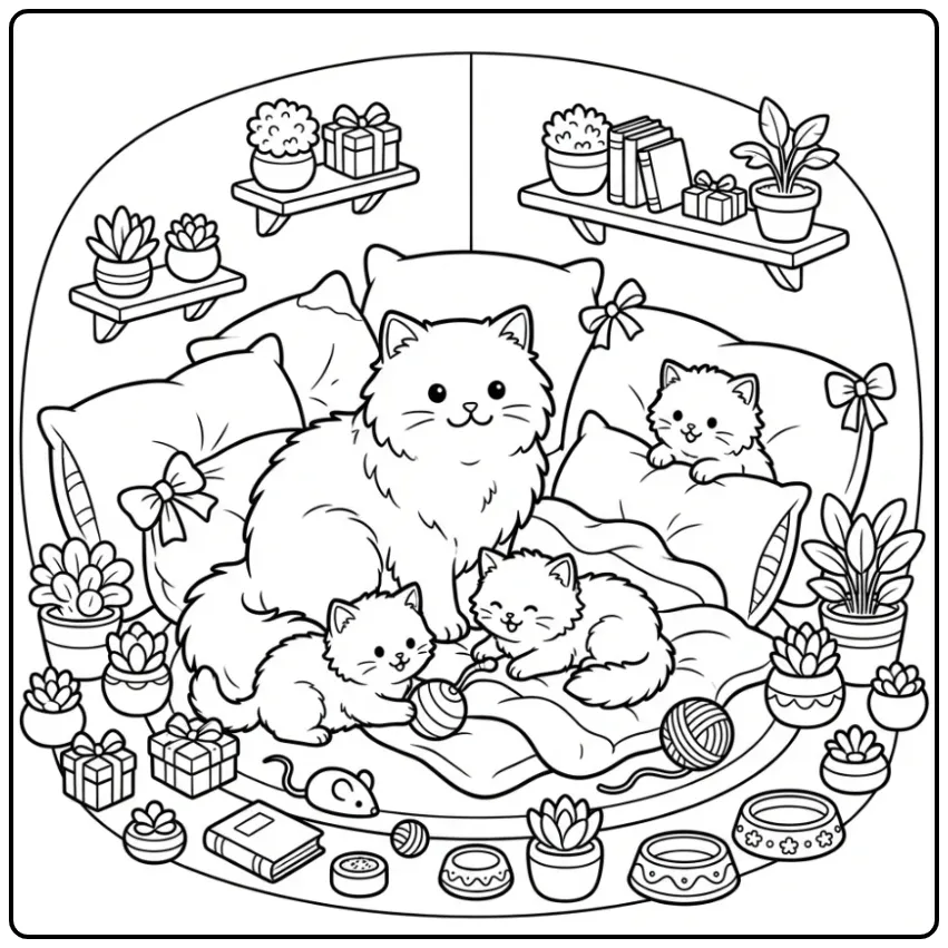 Cat with Kittens in a Cozy Corner coloring page