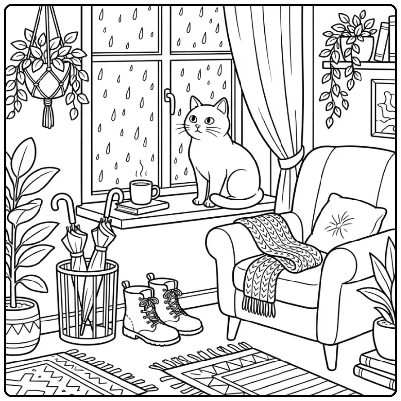 Cat coloring page watching rain by the window