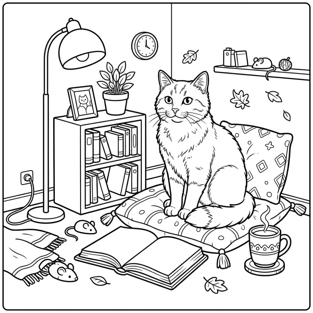 Cat coloring page reading in a cozy book corner