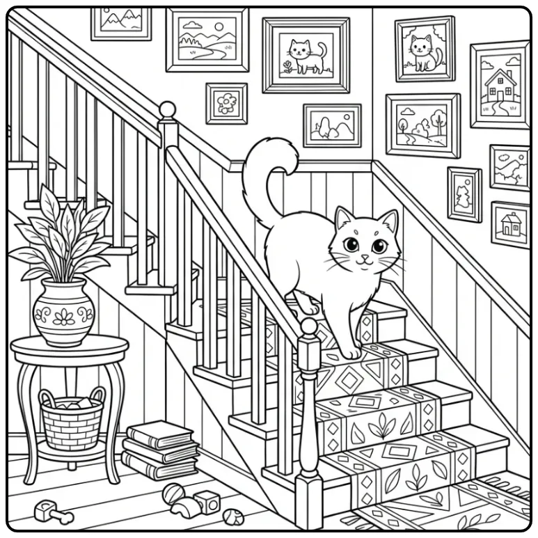 Cat coloring page pausing on a cozy staircase