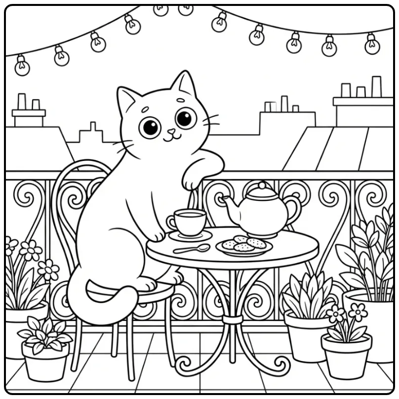Adult Cat coloring page on a city balcony
