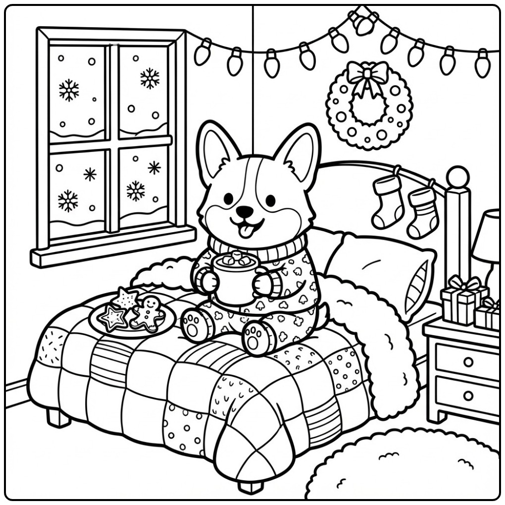 Corgi Christmas Dog with Hot Chocolate and Cookies coloring page