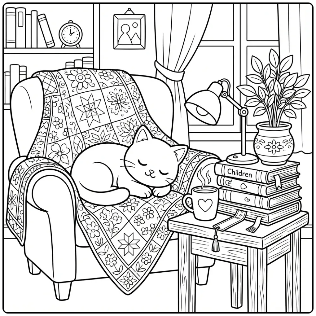 Difficult Kitten coloring page sleeping on a soft quilt
