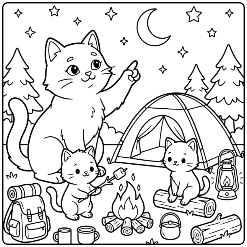 Easy Cats coloring page camping in the forest