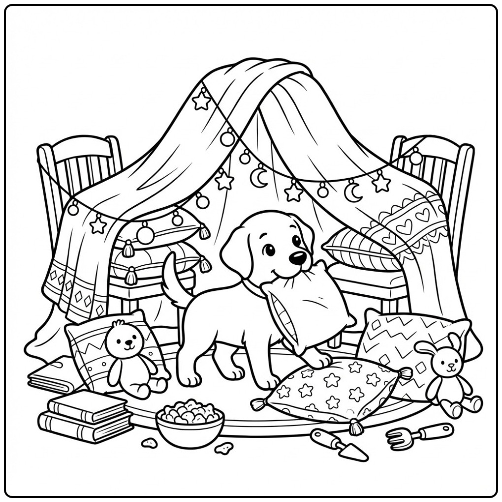 Cozy Labrador a Pillow Fort Building coloring page