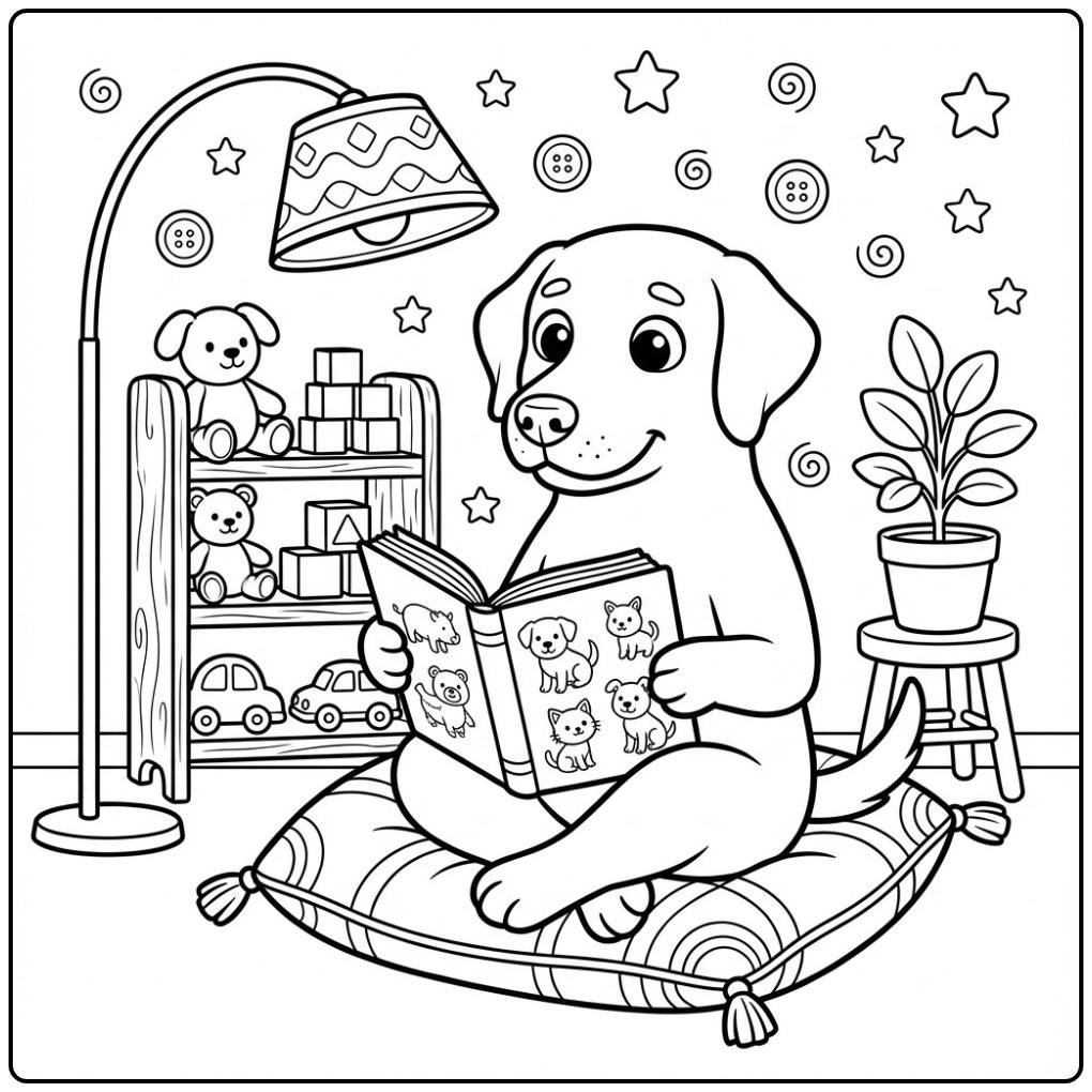 Cozy Labrador in a Child's Room with Toys coloring page