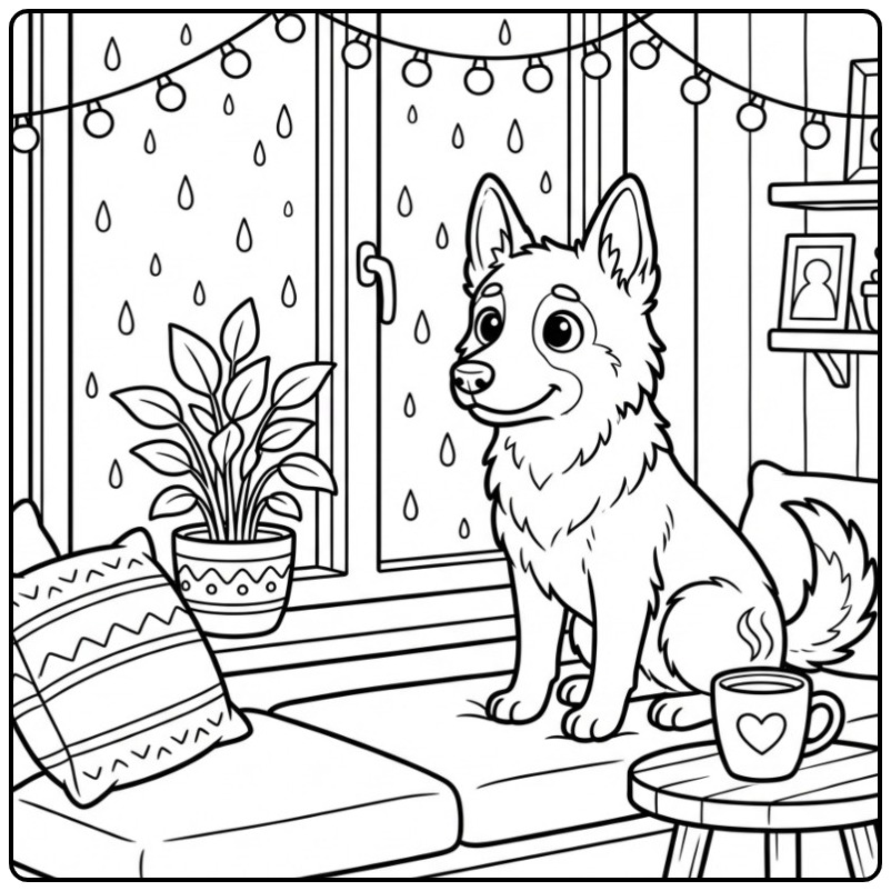Belgian Malinois Watching the Rain from a Window coloring page
