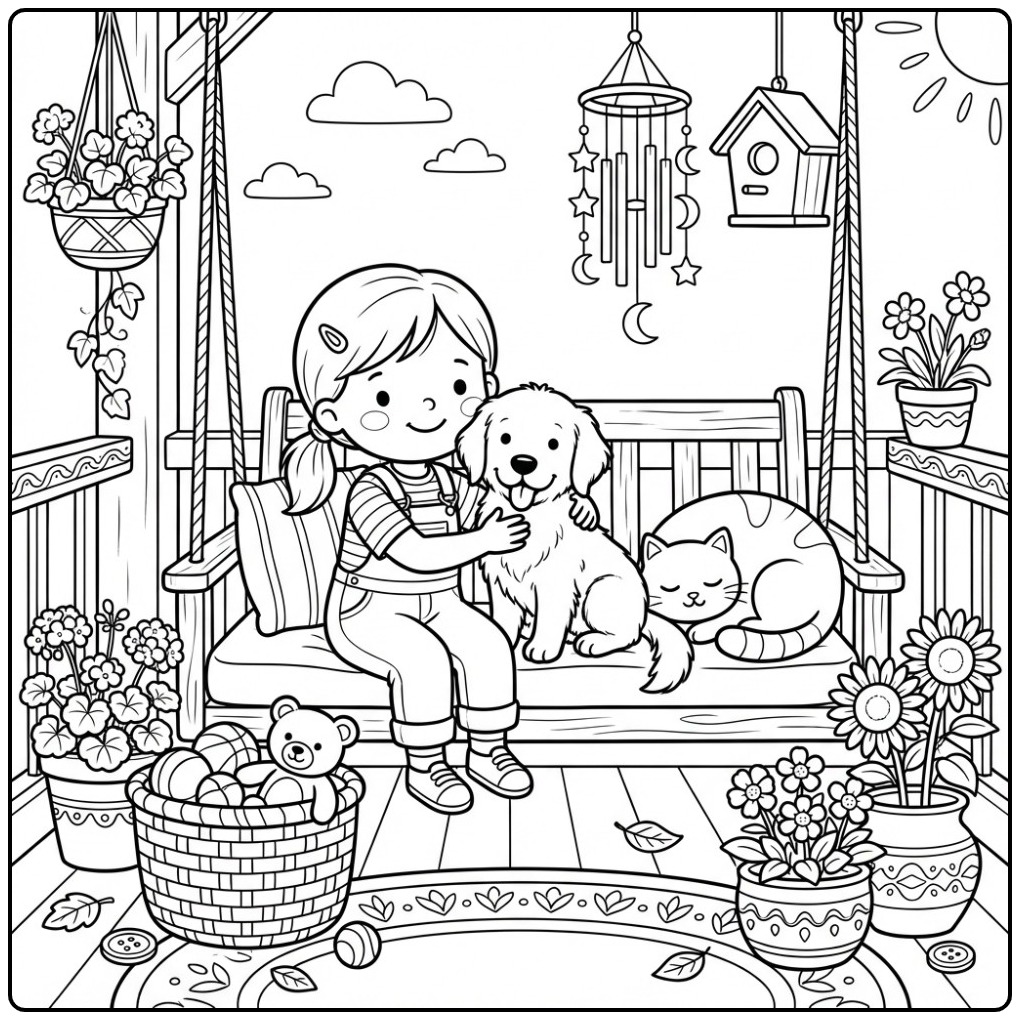 Girl Hugging a Golden Retriever Puppy on the Porch coloring page