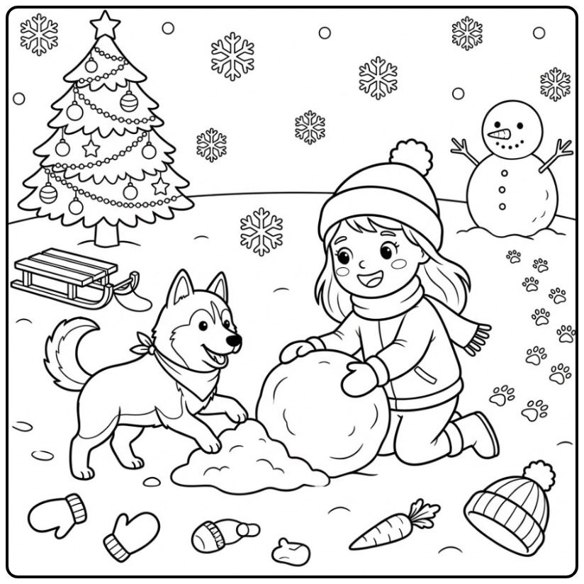 Girl Building a Snowman with a Husky coloring page